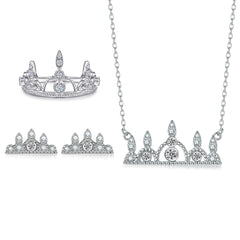 925 Silver Crown Ring Unique Earrings Necklace Set
