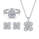 925 Silver Zircon Ring Clover Necklace Flower Earrings