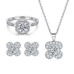 925 Silver Zircon Ring Clover Necklace Flower Earrings