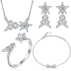 925 Silver Open Ring Tassel Earrings Star Necklace Set
