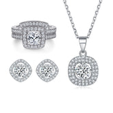 925 Silver Square Zircon Ring Set Necklace Earrings