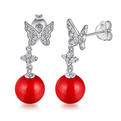 S925 Red Pearl Earrings - Elegant Butterfly Drops