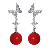 S925 Red Pearl Earrings - Elegant Butterfly Drops
