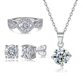 925 Silver Pattern Row Ring Diamond Necklace Earrings