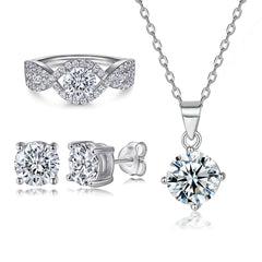 925 Silver Pattern Row Ring Diamond Necklace Earrings