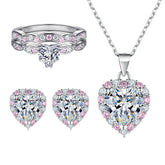 925 Silver Heart Ring Pink Zircon Earrings Necklace Set