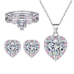 925 Silver Heart Ring Pink Zircon Earrings Necklace Set