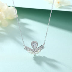 S925 Silver Pearl Crown V-Pendant Necklace