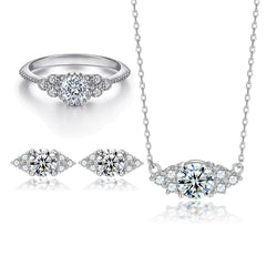 925 Silver Flower Ring Diamond Earrings Necklace Set