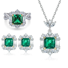 925 Silver Color Gemstone Set Emerald Ring Earrings Necklace