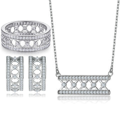 925 Silver Hollow Ring Half Circle Earrings Necklace Set