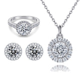 925 Silver Zircon Ring Round Necklace Earrings Set