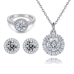 925 Silver Zircon Ring Round Necklace Earrings Set