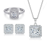 925 Silver Square Zircon Ring Necklace Square Earrings