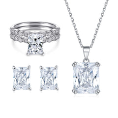 925 Silver Square Diamond Ring Zircon Earrings Crystal Necklace