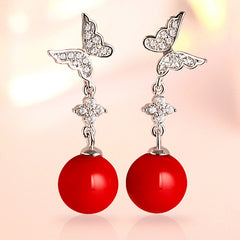 S925 Red Pearl Earrings - Elegant Butterfly Drops