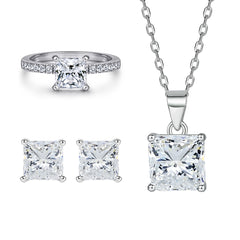 925 Silver Row Ring Square Zircon Necklace Earrings