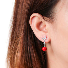 S925 Red Pearl Earrings - Elegant Butterfly Drops