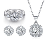 925 Silver Zircon Earrings Square Necklace Ring Set