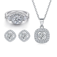 925 Silver Zircon Earrings Square Necklace Ring Set