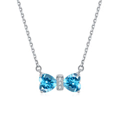 S925 Silver Double Heart Crystal Bow Necklace