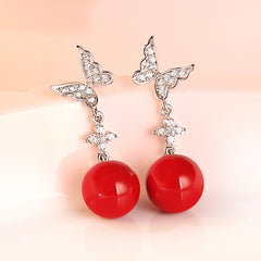 S925 Red Pearl Earrings - Elegant Butterfly Drops