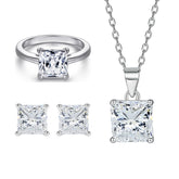 925 Silver Square Earrings 2ct Zircon Ring Necklace