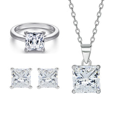 925 Silver Square Earrings 2ct Zircon Ring Necklace