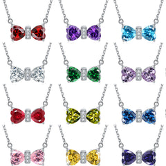 S925 Silver Double Heart Crystal Bow Necklace