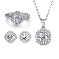 925 Silver Zircon Ring Clover Necklace Earrings Jewelry