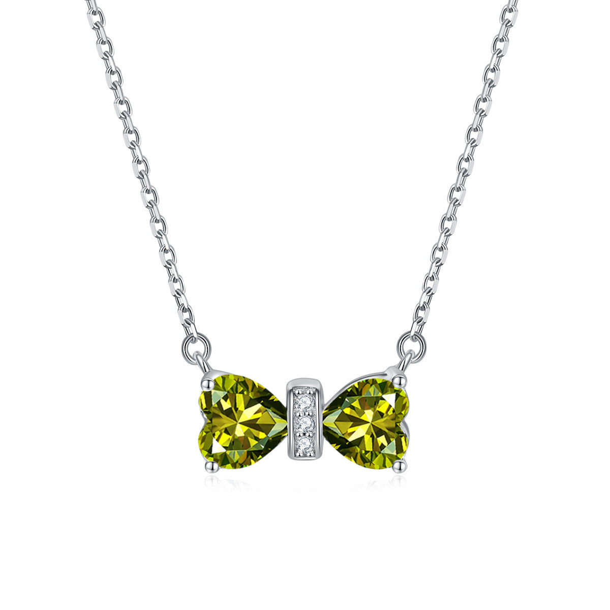 S925 Silver Double Heart Crystal Bow Necklace