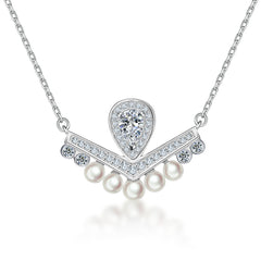 S925 Silver Pearl Crown V-Pendant Necklace