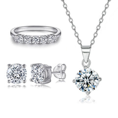 925 Silver Fashion Necklace Zircon Earrings Prong Ring Set