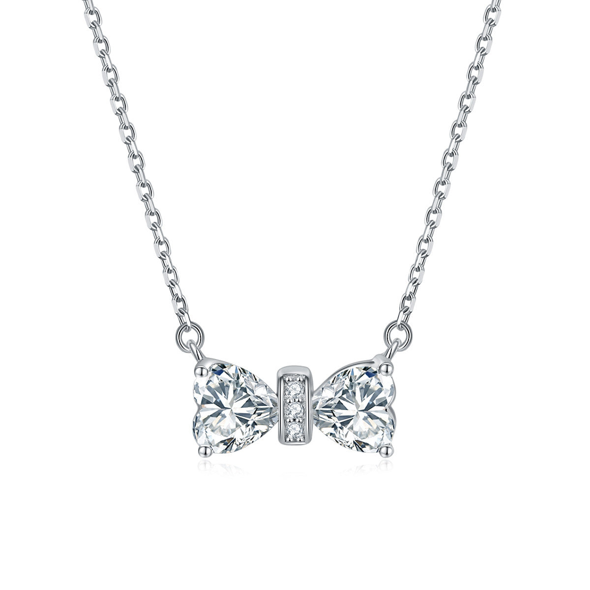 S925 Silver Double Heart Crystal Bow Necklace