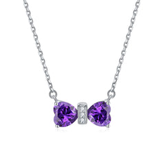S925 Silver Double Heart Crystal Bow Necklace
