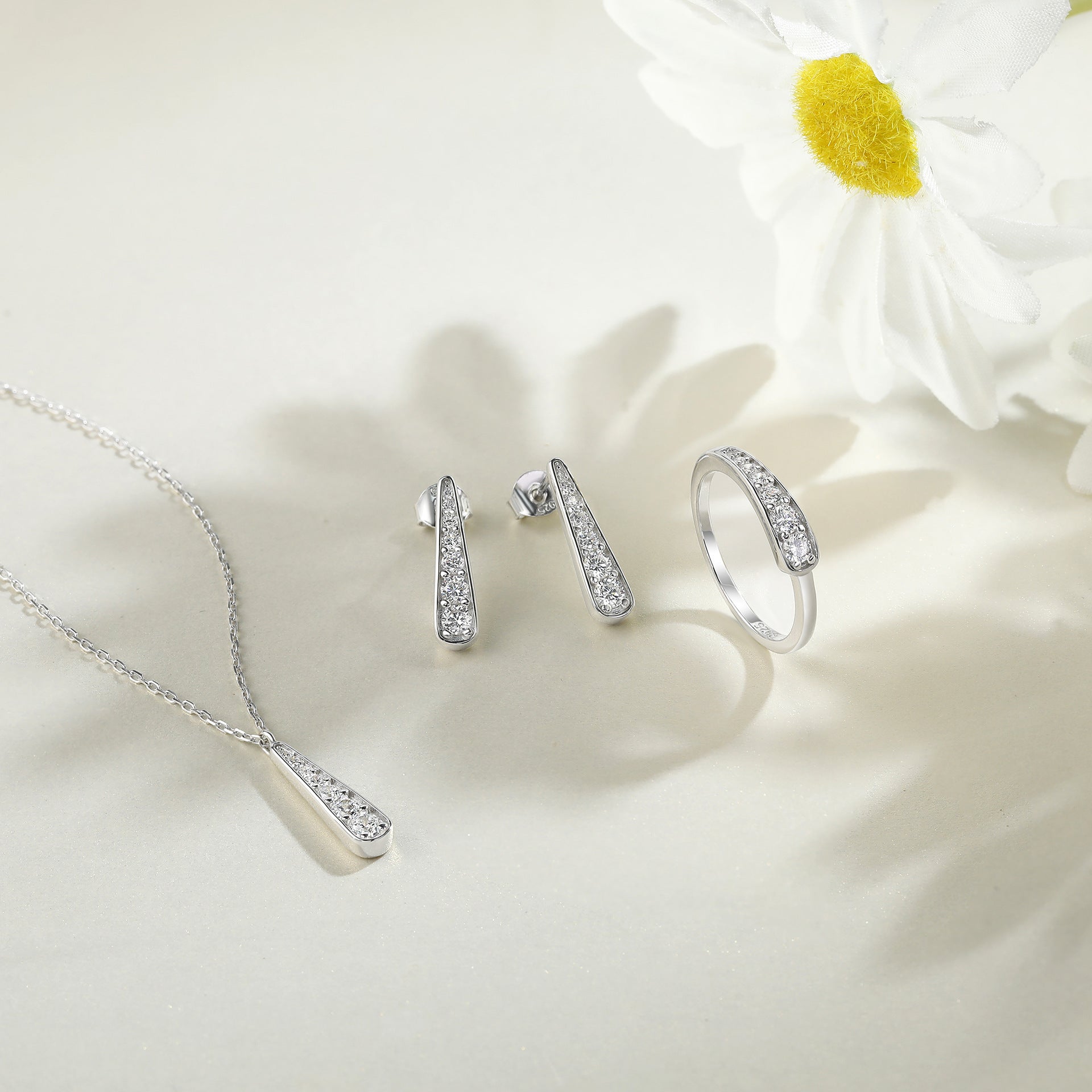 925 Silver Tassel Earrings Necklace Stack Ring Set