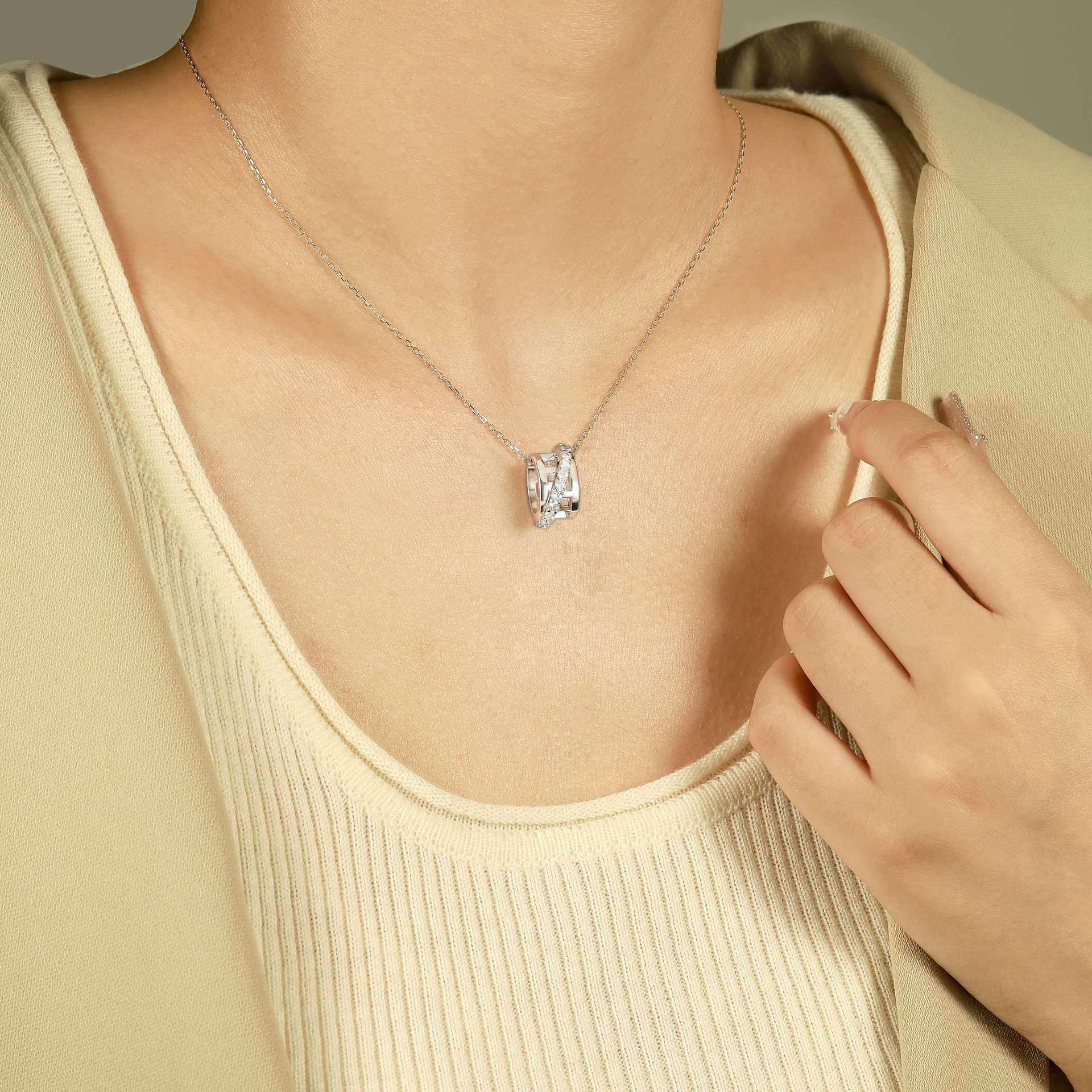 925 Silver Triple Ring Earrings Circle Necklace