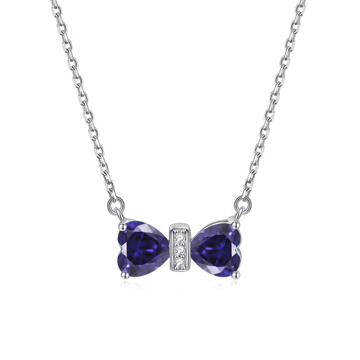 S925 Silver Double Heart Crystal Bow Necklace