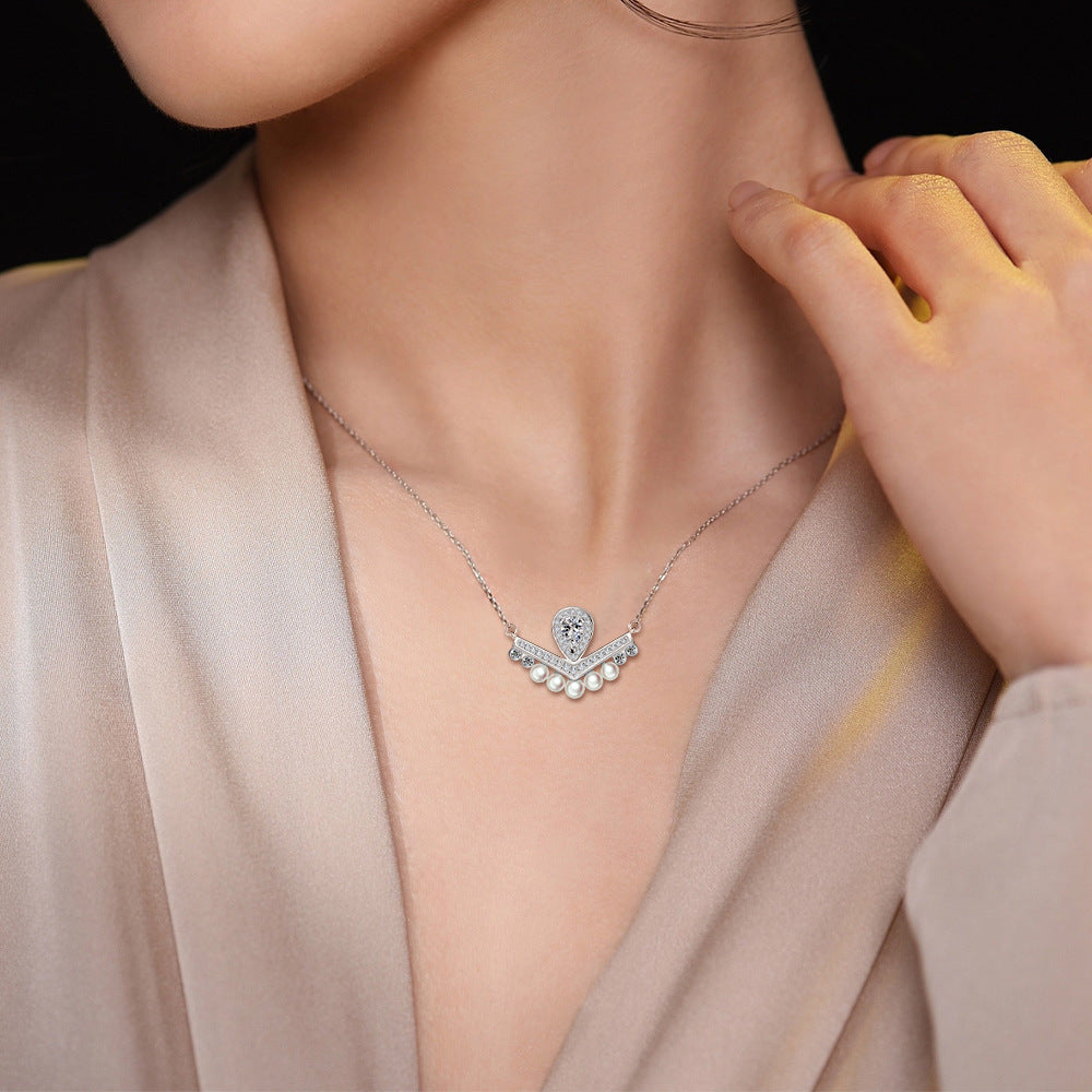 S925 Silver Pearl Crown V-Pendant Necklace