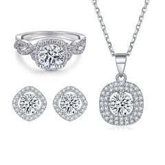 925 Silver Zircon Ring Beating Heart Necklace Earrings