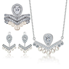 925 Silver Crown Ring Tassel Pearl Earrings V Necklace