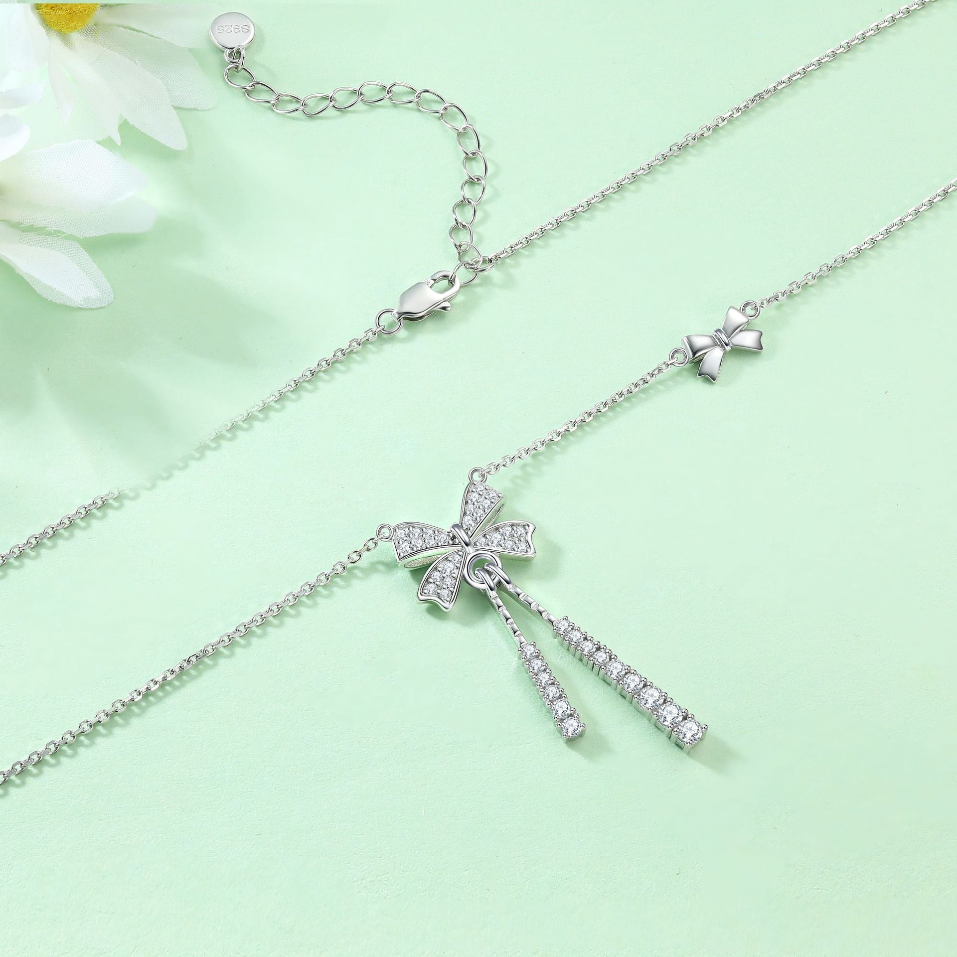 S925 Silver Moving Bow Tassel Necklace