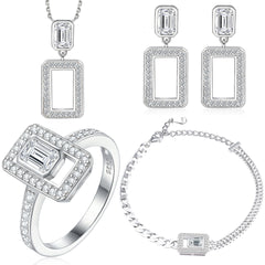 925 Silver Hollow Square Ring Tassel Earrings Square Necklace Bracelet