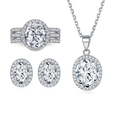 925 Silver Triple Ring Oval Pendant Necklace Earrings