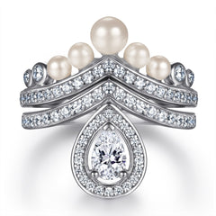 925 Silver Crown Ring Tassel Pearl Earrings V Necklace