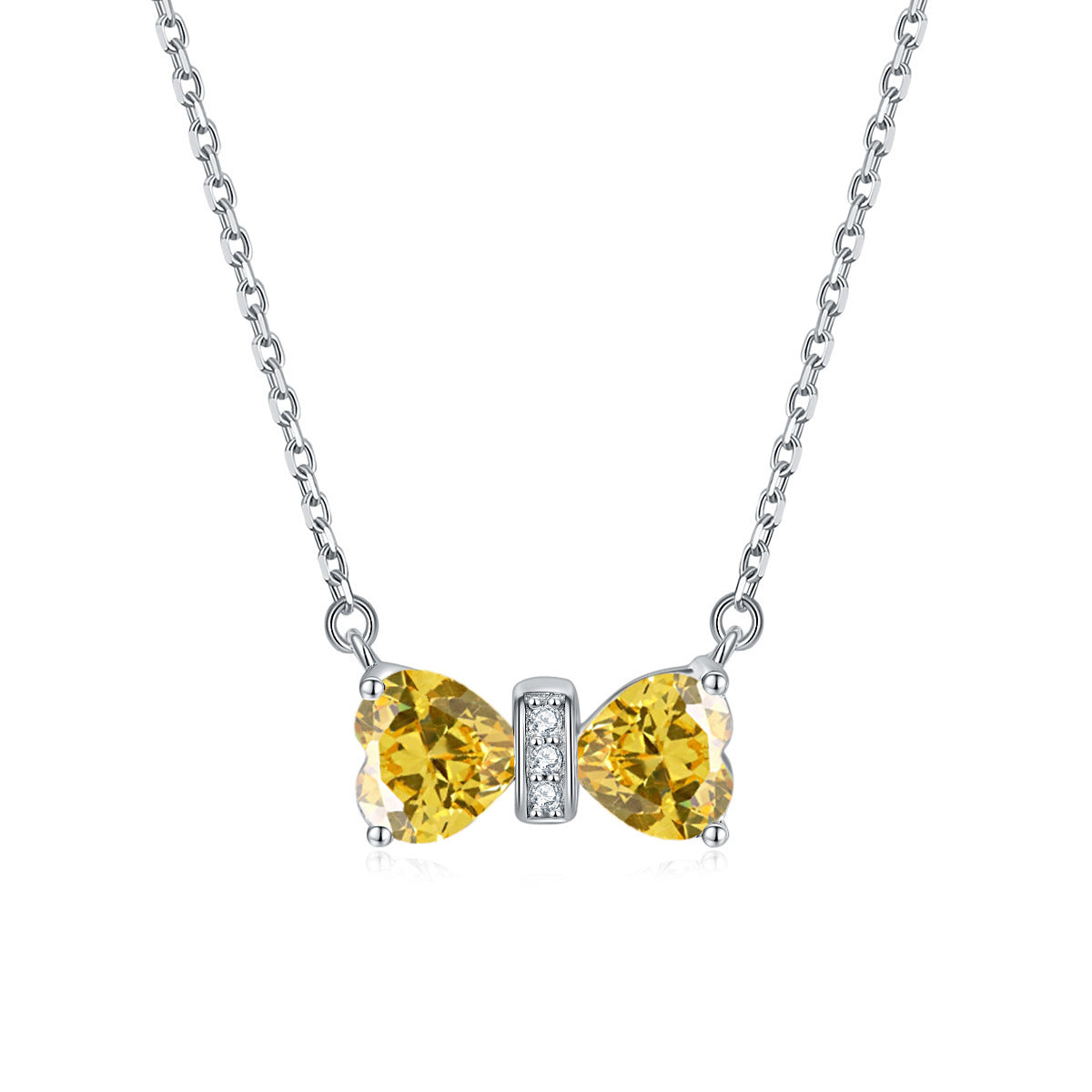 S925 Silver Double Heart Crystal Bow Necklace