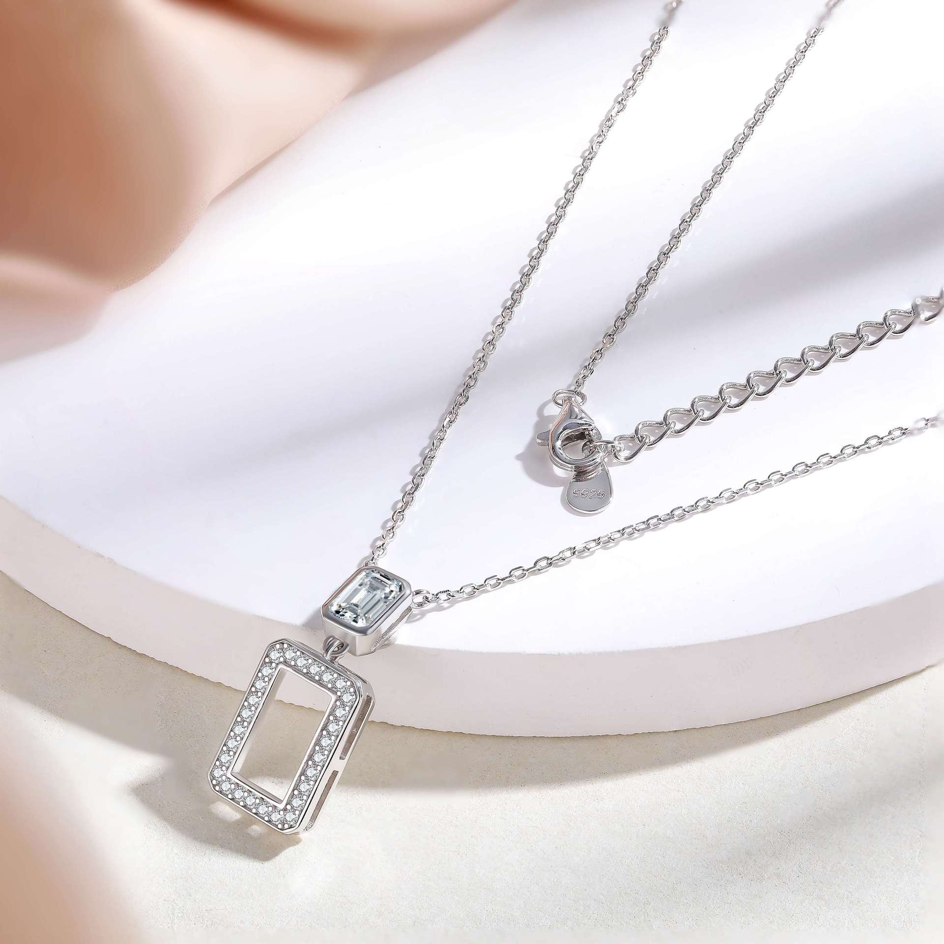 925 Silver Hollow Square Ring Tassel Earrings Square Necklace Bracelet