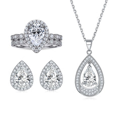 925 Silver Teardrop Ring Set Beating Heart Necklace Earrings