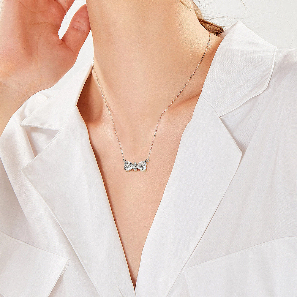 S925 Silver Double Heart Crystal Bow Necklace