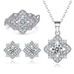 925 Silver Flower Ring Star Earrings Clover Necklace